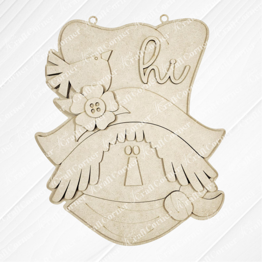 The Fall Scarecrow Door Hanger from Janet's Craft Corner is a DIY seasonal home decor craft kit featuring a cheerful scarecrow with straw hair, a flower hat, and "hi"—perfect for autumn decorating or creative projects. Set of 1.