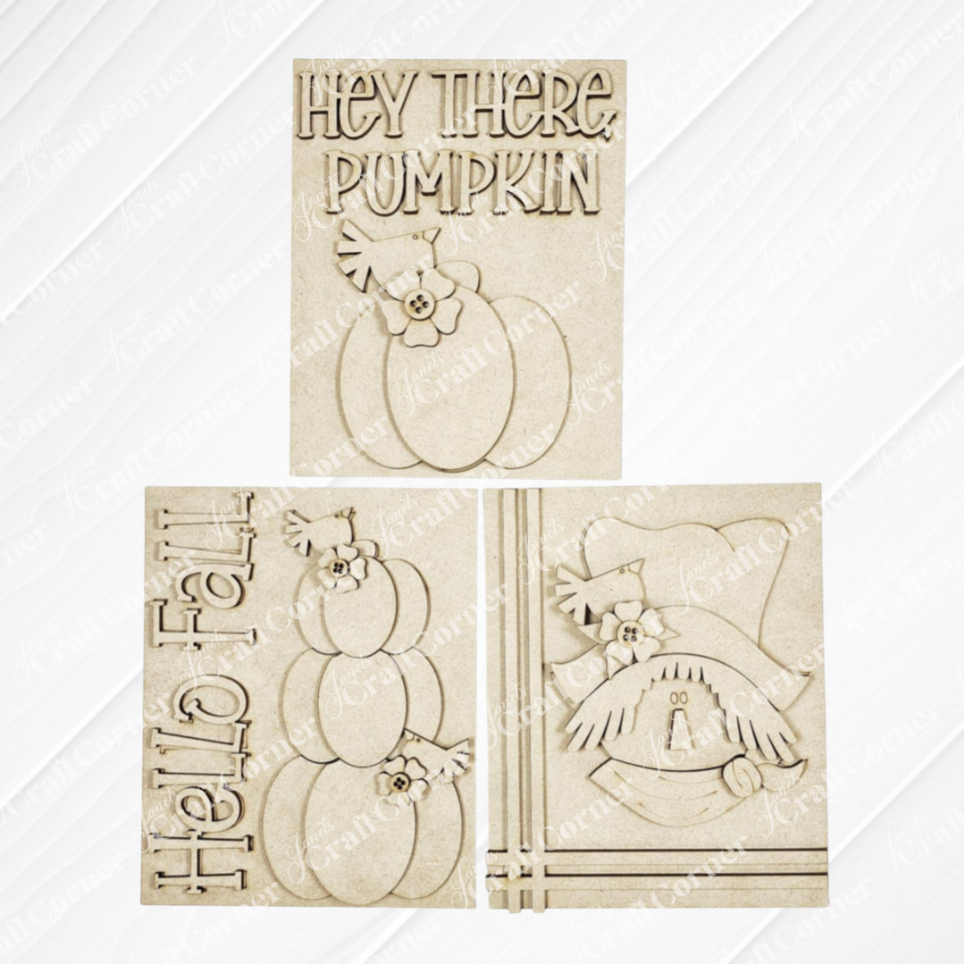Janet's Craft Corner Fall Switchable Farmhouse Signs DIY seasonal home decor kit—choose from 9 festive designs like "Hey there, Pumpkin," "Hello Fall!" with stacked pumpkins, or a scarecrow face; perfect for autumn crafting!.