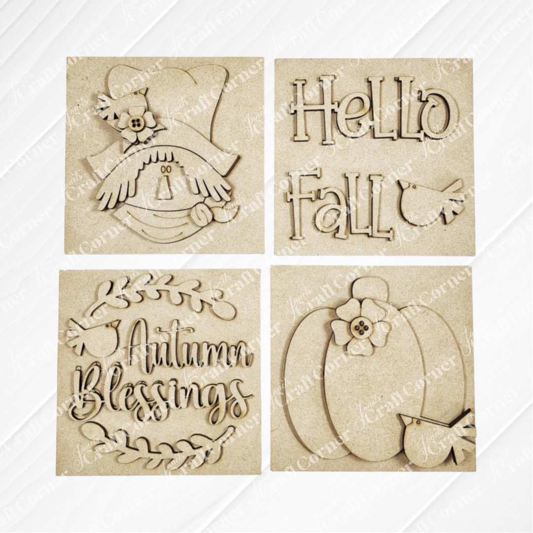 Janet's Craft Corner Fall Scarecrow Squares kit includes 4 wooden plaques with autumn designs—scarecrow, "Hello Fall" bird, "Autumn Blessings" leaves, and pumpkins with flowers—perfect for seasonal home decor.