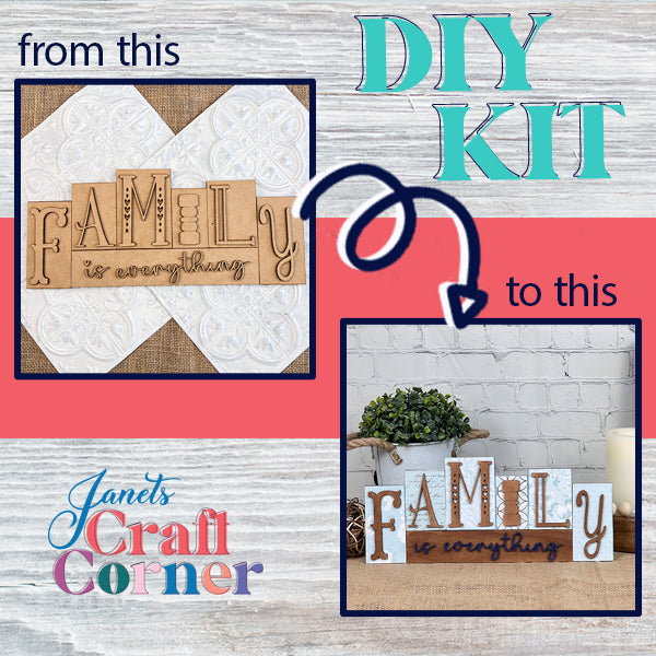 A DIY kit transforms a plain wooden sign into a vibrant Family Word Block, enhancing it with texture and color. The top of the image presents the unfinished sign, while the bottom showcases the finished decorated piece. Text reads "Janet's Craft Corner: Elevate Your Home Decor.