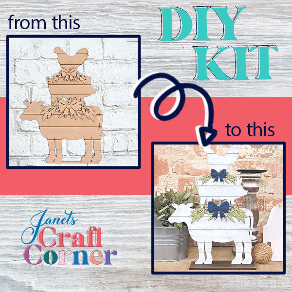 A DIY kit advertisement highlights a remarkable transformation of an unfinished Farm Animal Stacker Shelf Sitter into a beautifully painted piece, complete with bows and greenery. Displayed in front of a rustic brick wall with potted plants, the text reads "from this to this" and "Janet's Craft Corner Farm Animal Stacker Shelf Sitter DIY Kit.