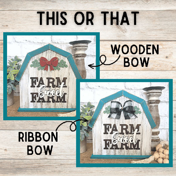 Discover the "Farm Sweet Farm" Shelf Sitter by Janet's Craft Corner, featuring two barn-shaped signs perfect for home décor. One sign includes a charming wooden bow above the text, while the other showcases a delightful ribbon bow. Both are set against a rustic wooden background with decorative items nearby, ideal for enhancing your DIY kit projects.