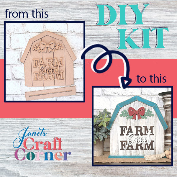 Elevate your home décor with the Farm Sweet Farm Shelf Sitter DIY kit from Janet's Craft Corner. This kit guides you in transforming an unfinished wooden farm-themed sign into a beautifully painted masterpiece featuring "Farm Sweet Farm" text, complete with a barn shape, flowers, and a bow, while proudly displaying "Janet's Craft Corner" in the bottom left corner.