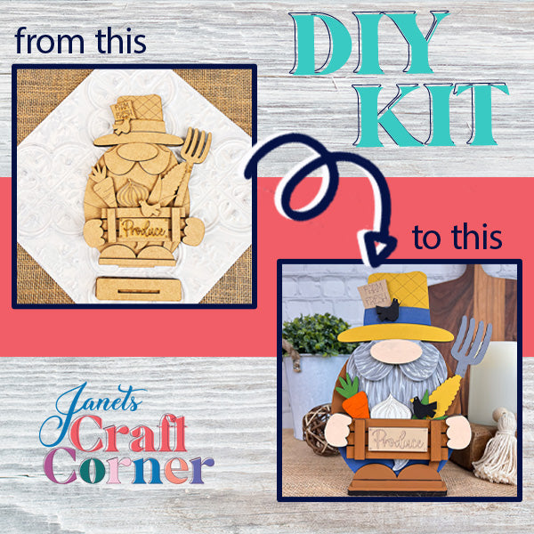 Janet's Craft Corner presents the Farmer Gnome craft kit transformation: The image on the left showcases an unfinished wooden gnome clutching a "Produce" sign. The image on the right displays a colorful, completed gnome ideal for farmhouse décor, featuring a yellow hat with a blue band and holding a pitchfork. Text: "from this to this.