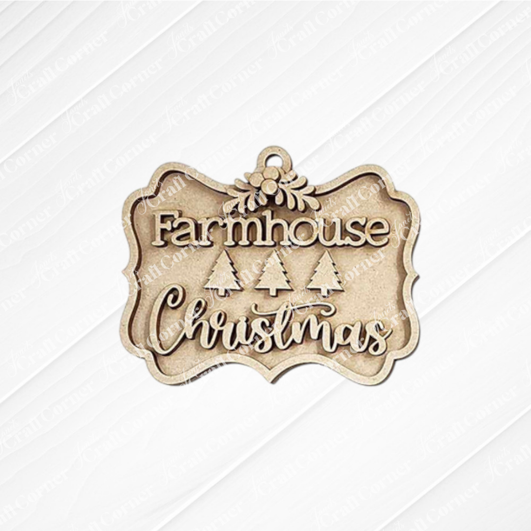 Janet's Craft Corner Country Christmas Ornaments—DIY holiday craft kits (set of 6)—feature "Farmhouse Christmas" and three trees with holly, adding rustic charm to your farmhouse holiday décor.