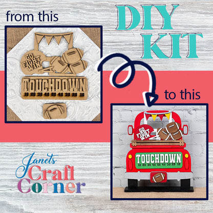 Janet's Craft Corner introduces the Football Interchangeable Insert DIY home decor kit, which creatively converts a football-themed wall plaque into a 3D truck decoration with the word "TOUCHDOWN." This kit includes elements like footballs, a pennant, and a referee's whistle, making it ideal for interchangeable home decor on a wooden backdrop.