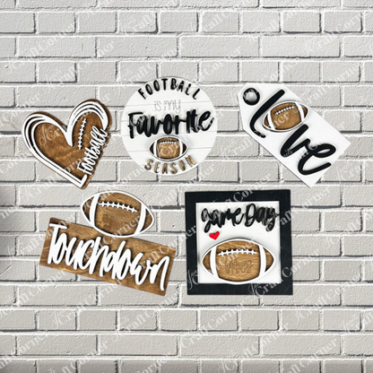 Set of football-themed decorative signs on a brick wall background