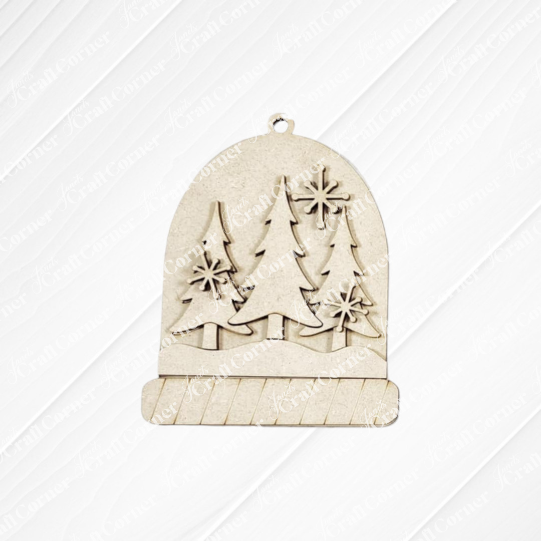 Janet's Craft Corner Forest Friends Ornaments - DIY craft kits (choice of 5) feature wooden snow globe shapes with pine tree and snowflake cutouts, a small hole for hanging, and a plain light background—perfect for craft lovers or collectors.
