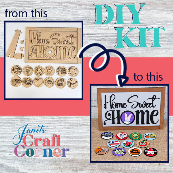 The Home Sweet Home Interchangeable Set from Janet's Craft Corner includes one sign and 12 themed inserts. Featuring wooden pieces for seasonal decor, it's perfect for creating painted shelf sitters with "from this to this" crafted designs.