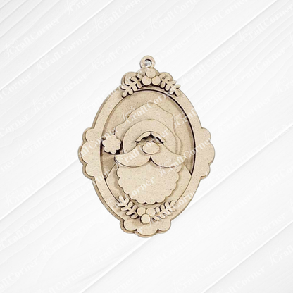 Janet's Craft Corner Santa Ornaments - DIY holiday craft kit (Set of 1) features a wooden oval frame with a layered cutout Santa face, hat, and beard. Includes a hanging loop—perfect for festive decor or creative holiday crafting.