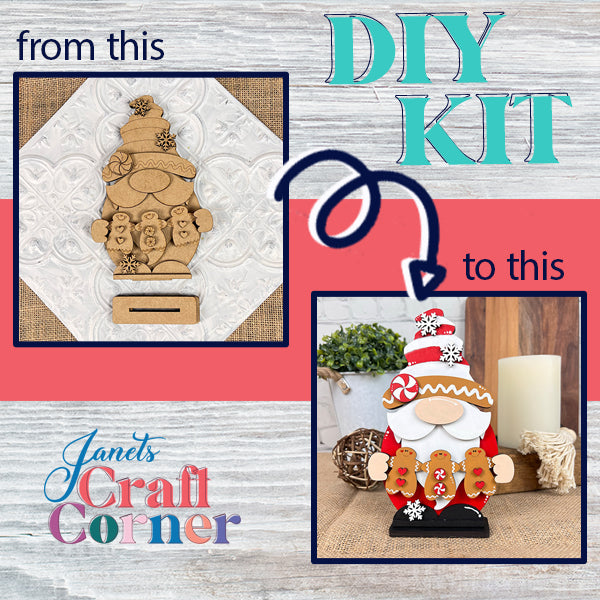 The Gingerbread Gnome DIY Kit from Janet's Craft Corner reveals a wooden gnome cutout on the left, magically transforming into a vibrant, decorated gnome filled with holiday spirit on the right. The text reads "from this to this," against a backdrop of rustic textures and craft supplies that invokes festive creativity.