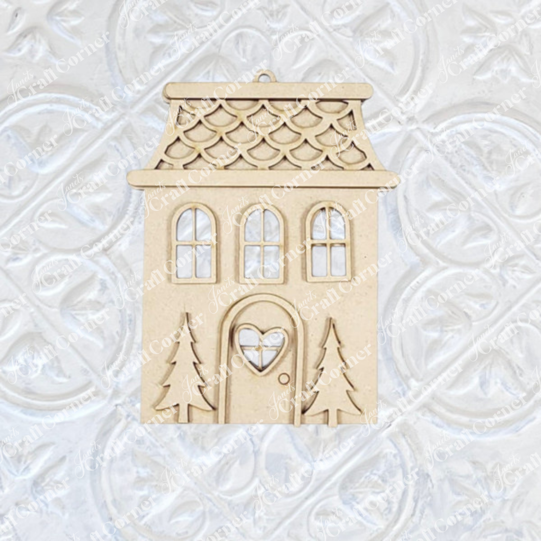 Janet's Craft Corner Gingerbread Ornaments - DIY holiday craft kit (set of 8) features beige, house-shaped ornaments with heart windows and pine trees—ideal for festive décor.