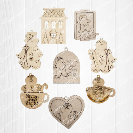 The Gingerbread Ornaments - DIY holiday craft kit (set of 8) by Janet's Craft Corner features festive wooden shapes and engraved designs—perfect for creating your own holiday décor.