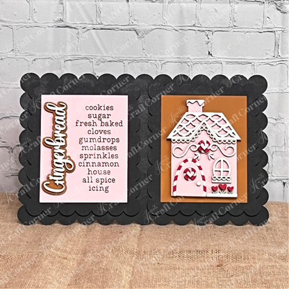 Janet's Craft Corner Double Scallop Trim Switchable Farmhouse Signs Frame—set of 1—displays a pink gingerbread ingredient card and a pink & white gingerbread house. Perfect for DIY seasonal home decor or as an interchangeable craft sign.
