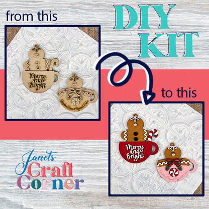 Transform your DIY holiday crafts with Janet's Craft Corner: An image showcasing two Gingerbread Teacup Ornaments from the DIY Decoration Kits. One teacup is shown in its unfinished state, while the other is beautifully adorned with "Merry and Bright" text and festive accents. An arrow highlights the transformation against a background of textured white patterns and colorful text logos, capturing a cozy holiday decor vibe.