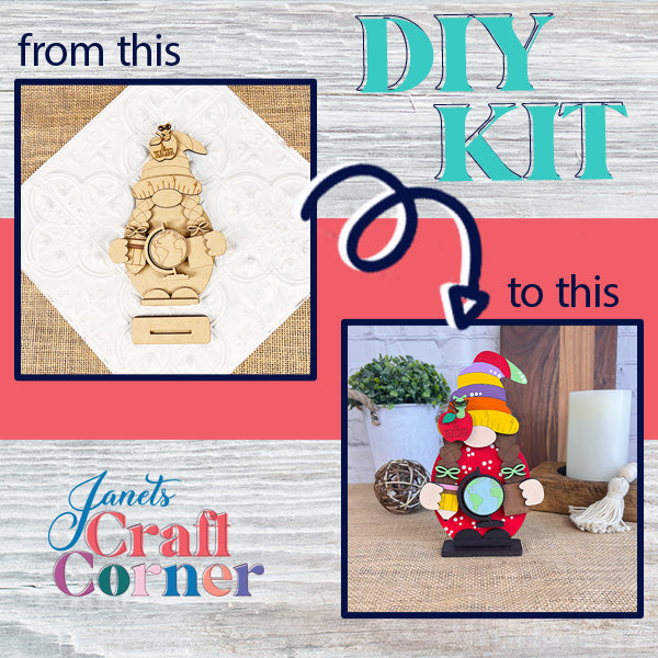 A DIY Craft Kit display features a wooden gnome on the left and a painted version on the right, with an arrow connecting both images. The text reads "from this" on the left and "to this" on the right. Transform your home décor with Janet's Craft Corner at the bottom.