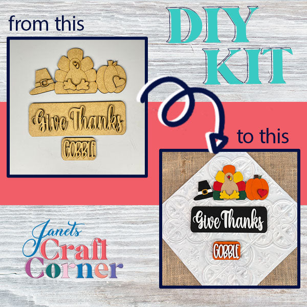 Craft your own festive home decor using the "Give Thanks Interchangeable Insert" DIY kit from Janet's Craft Corner. This kit includes wooden Thanksgiving-themed cutouts, such as pumpkins, a turkey, and a pilgrim hat. Turn plain wood into vibrant decorations with "Give Thanks" and "Gobble" text against a burlap backdrop—perfect for interchangeable inserts!