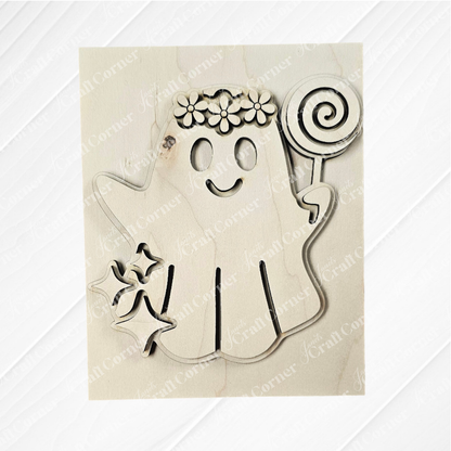 Add a touch of whimsy to your decor with Janet's Craft Corner Halloween Farmhouse Signs—a wooden ghost cutout with a lollipop, flower crown, and stars—perfect for DIY seasonal displays or tiered trays.