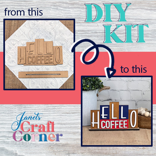 Image featuring the Hello Coffee Mini Word Block DIY craft kit from Janet's Craft Corner. On the left, you can see wooden cutouts and accessories, while on the right is the completed sign displaying "HELLO COFFEE" in bold letters. Ideal for fans of craft kits, this product highlights Janet's Craft Corner branding in the background.