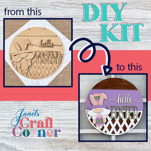 Promote a DIY kit that highlights the transformation from an unfinished wooden wall hanger to a completed masterpiece. The "Hello Easter Gnome Wall Hanger" features a charming bunny and the text "hello Easter," making it ideal for your spring decor collection, brought to you by Janet's Craft Corner.