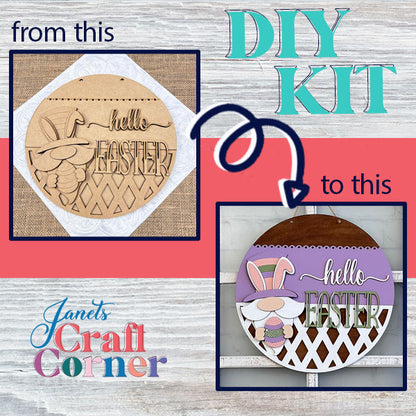 Promote a DIY kit that highlights the transformation from an unfinished wooden wall hanger to a completed masterpiece. The "Hello Easter Gnome Wall Hanger" features a charming bunny and the text "hello Easter," making it ideal for your spring decor collection, brought to you by Janet's Craft Corner.