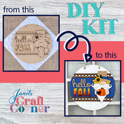 The Gnome Hello Fall Door Hanger DIY kit illustrates how to turn an unpainted wood plaque into a colorful autumn decoration. Adorned with a pumpkin design, this kit is ideal for home décor enthusiasts. The background showcases "Janet's Craft Corner" in elegant fonts, adding a creative flair to your fall decorations.