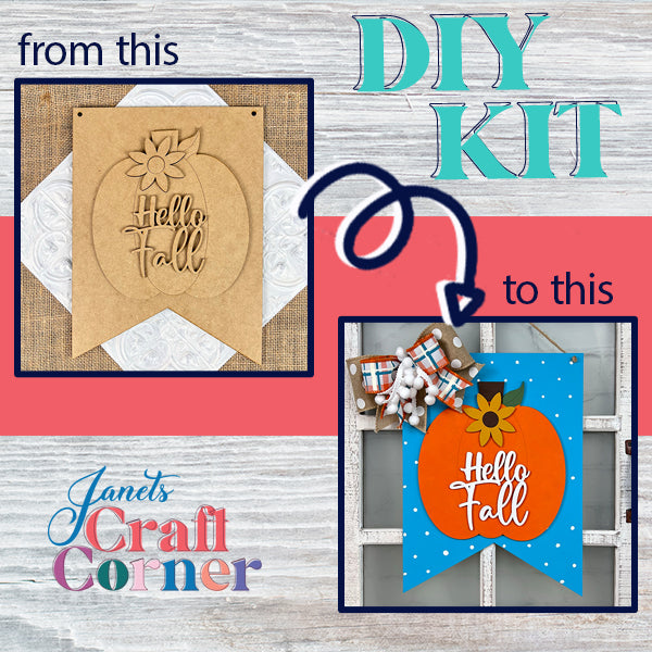 Presenting the "Hello Fall Wall Hanger" from Janet's Craft Corner: Transform an unfinished pumpkin-shaped wooden sign with "Hello Fall" text into a beautifully handcrafted door hanger. The kit includes a completed blue banner featuring an orange pumpkin, an elegant bow, and a plaid ribbon. Experience the transformation with the phrase "from this to this," guided by an arrow illustrating the change.