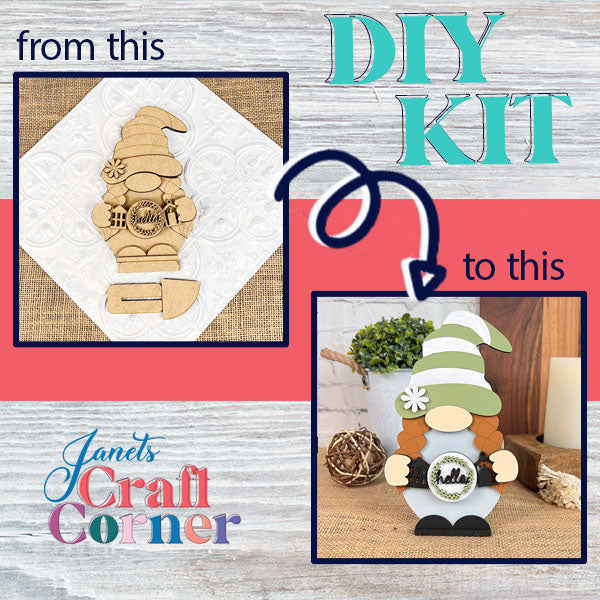 A promotional image showcases the DIY kit journey. On the left, unassembled wooden craft pieces can be seen, with an arrow pointing right to reveal a completed Farmhouse Hello Gnome décor item. Text reads "from this to this" and "Janet's Craft Corner DIY Kit.