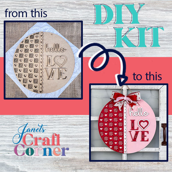 Enhance your home decor effortlessly with the Janet's Craft Corner DIY Kit. The Hello Love Round Sign set comes with wooden pieces featuring heart patterns, and a finished "Hello Love" sign adorned with a red bow. Transform your space seamlessly from unfinished materials to a stunning decorative piece!