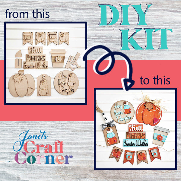 A DIY Home Decor Kit illustrating a before-and-after transformation. On the left are unfinished wooden cutouts from the Hello Pumpkin Decor Set - 6 pieces, featuring pumpkins and text. On the right, these pieces are exquisitely painted with autumn-themed decorations. The branding text reads "Janet's Craft Corner.