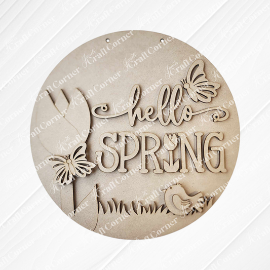 Create your own seasonal charm with Janet's Craft Corner's "Hello Spring Round Door Hanger" DIY kit, featuring decorative "hello spring" on white paneling and cut-out butterfly, flower, bird, and grass shapes—perfect for your spring decor.