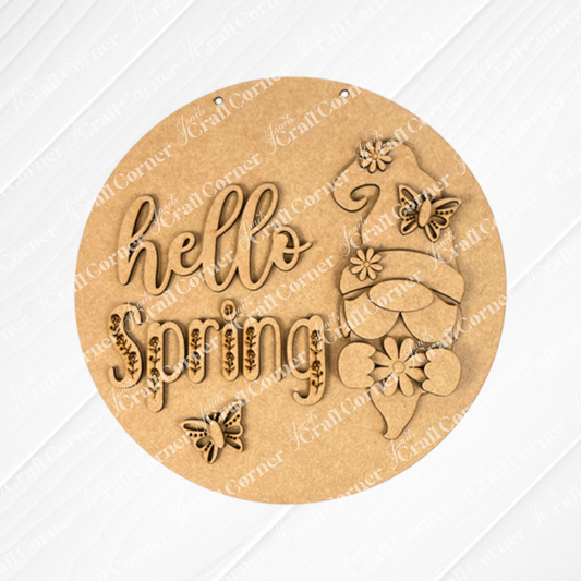 This charming Hello Spring Gnome Door Hanger from Janet's Craft Corner is a round wooden plaque ideal for home décor, featuring the text "Hello Spring" next to a carved gnome holding a flower. It is adorned with butterfly cutouts on a burlap background, creating an inviting and cheerful piece.