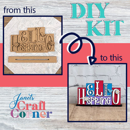 DIY kit transformation: The image features a wooden craft kit called the "Hello Spring Mini Word Block" from Janet's Craft Corner, perfect for enhancing your home décor. On the left, unpainted wood pieces are ready for your creative touch, while on the right, they form a vibrant, assembled decoration. Text: "From this DIY kit to this.