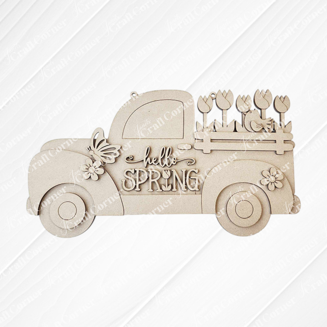The "Hello Spring" Truck Sign from Janet's Craft Corner is a DIY home decor kit that includes a wooden vintage truck with tulips, flowers, and a butterfly. Perfect for creating your own seasonal masterpiece.