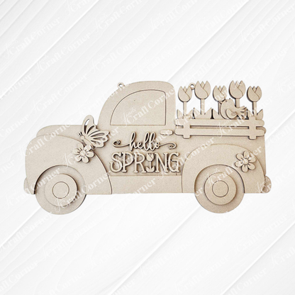 The "Hello Spring" Truck Sign from Janet's Craft Corner is a DIY home decor kit that includes a wooden vintage truck with tulips, flowers, and a butterfly. Perfect for creating your own seasonal masterpiece.