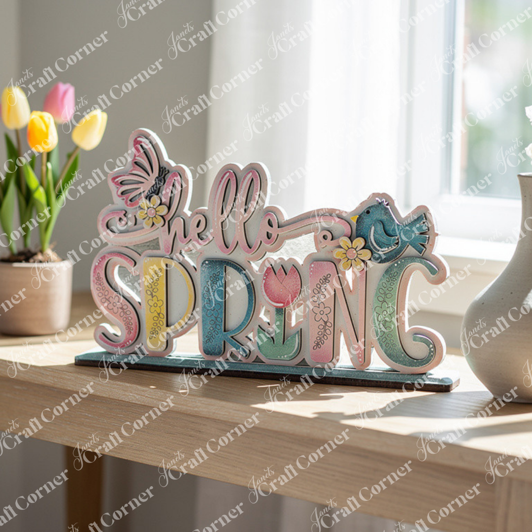 Introducing the Hello Spring Standing Shelf Sitter by Janet's Craft Corner. This delightful DIY kit features a decorative wooden sign with "hello SPRING" in pastel colors, complete with charming butterfly and bird accents perched on the letters and adorned with flower designs. Perfect for home décor enthusiasts, it makes an eye-catching display on a wooden table next to a tulip potted plant.
