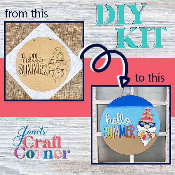 Explore Janet's Craft Corner's DIY kit for creating a vibrant summer-themed wall decoration. Transform the plain "Hello Summer Gnome Door Hanger" into a masterpiece featuring a blue sky, sunglasses, and a beach ball. It's the perfect home décor to celebrate the sunny season!