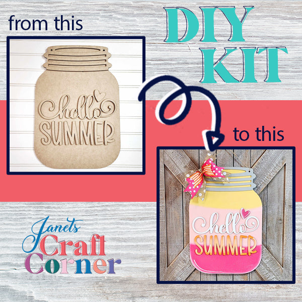 At Janet's Craft Corner, you can turn the "Hello Summer Mason Jar Door Hanger" into a lively piece of home décor. This DIY kit takes you from start to finish with stunning pink, yellow, and orange colors, all beautifully topped with a bow—perfect for infusing your home with seasonal charm!