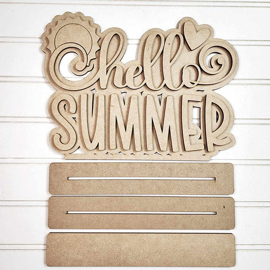 The Hello Summer Word Art Shelf Sitter by Janet's Craft Corner is a DIY decor kit featuring playful cursive letters, sun and heart icons, and three customizable slots. Perfect for personalizing your summer style.