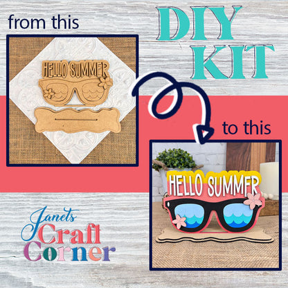 Turn ordinary wooden cutouts into a lively "Hello Summer" display with the Hello Summer Sunglasses Shelf Sitter DIY kit. This kit from Janet's Craft Corner includes elements like sunglasses, ocean waves, and flowers to bring a touch of beachy farmhouse decor to your home. Ideal for craft lovers wanting to infuse their space with summer charm.