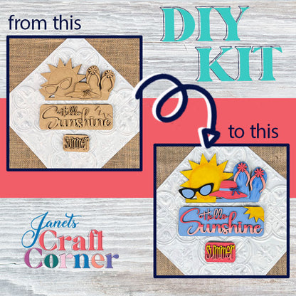 Elevate your space with the "Hello Sunshine Interchangeable Insert" DIY home decor kit from Janet's Craft Corner. The top image showcases wooden cutouts of a sun, sunglasses, and the phrases "Hello Sunshine" and "Summer" set against a burlap background. The bottom image unveils the vibrant masterpiece you can create—an interchangeable insert that matches your mood!