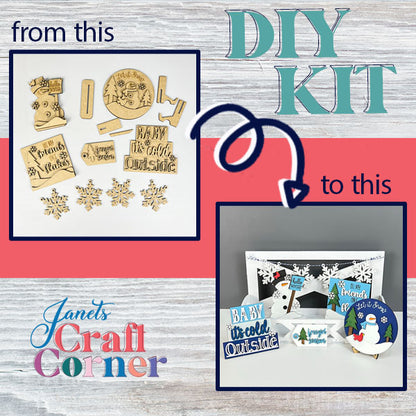 Janet's Craft Corner presents an advertisement featuring their Hello Winter Tiered Tray Kit. It creatively displays wooden cutouts on the left and finished holiday-themed decorations on the right, ideal for adding a festive touch to your home decor. With charming snowflakes and signs such as "Hello Winter Tiered Tray Set," it invites you to transform "from this" to "DIY kit.