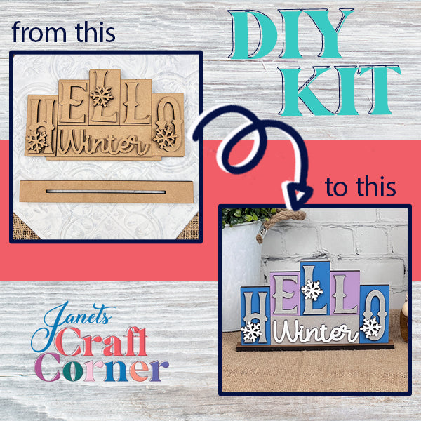 DIY kit transformation: The image highlights the process of creating a winter-themed wooden decoration. On the left, unassembled pieces from the "Hello Winter Mini Word Block Shelf Sitter | DIY Decor Kit" feature letter blocks and snowflakes. On the right, the finished and painted seasonal décor is displayed. "Janet's Craft Corner" proudly appears at the bottom.