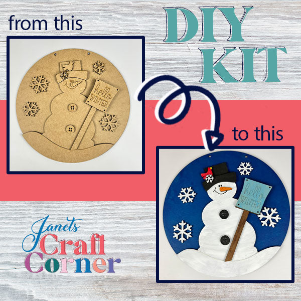 Unleash your creativity with Janet's Craft Corner's Hello Winter Door Hanger DIY kit! Transform an unpainted snowman cutout into a beautiful seasonal masterpiece by painting a blue background, adding charming snowflakes, and welcoming winter in style. Perfect for enhancing your winter decor!