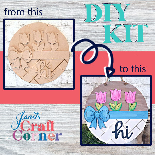 Unleash your creativity with the Hi Tulip Round from Janet's Craft Corner! Transform a simple wooden plaque adorned with a bow and "hi" into a stunning painted masterpiece featuring lovely pink tulips and a striking blue bow. Ideal for craft enthusiasts and those passionate about home décor!