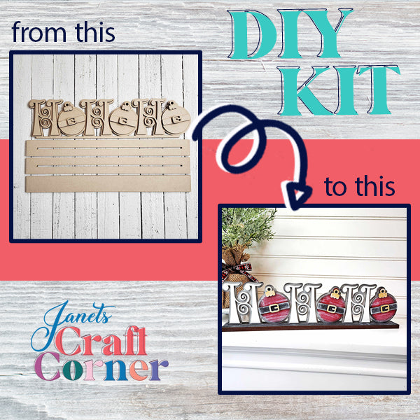 An advertisement for the "Ho Ho Ho Shelf Sitter" DIY kit illustrates a change from simple wooden cutouts spelling "HO HO HO" to a lively, decorated version embellished with festive elements. The text reads "from this" with an arrow pointing to "to this." Discover Janet's Craft Corner for all your personalized home décor and hand-painted DIY craft kit needs.