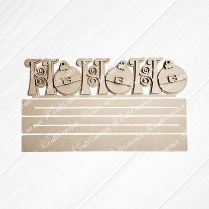 This "Ho Ho Ho" wooden sign from Janet's Craft Corner features decorative letters and two ornamental Christmas baubles, along with four slots for displaying personalized home décor items. The whitewashed wooden plank background adds a rustic charm, making it an ideal  Shelf Sitter for festive displays.