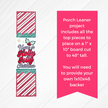 Craft a cheerful holiday decoration with Janet’s Craft Corner’s Holly Jolly Porch Leaner DIY kit—set of 1, featuring red and white stripes, holly leaves, and festive text. Instructions need a 1"x10"x48" board for assembly.