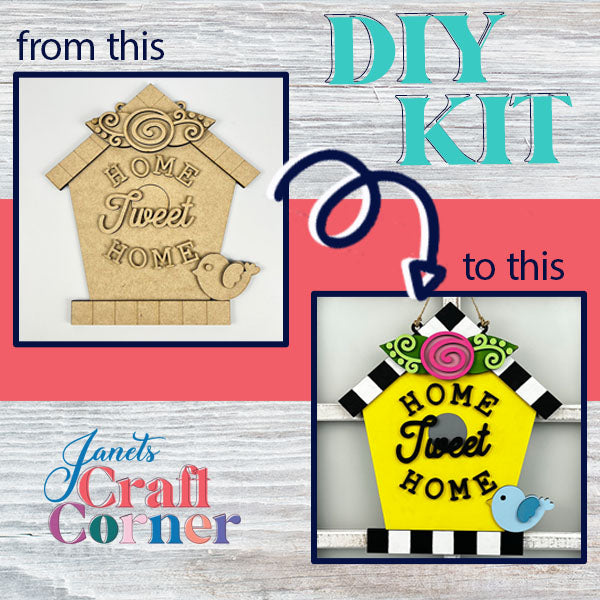 DIY birdhouse kit transformation: Left, the unpainted Home Tweet Home Birdhouse Door Hanger from Janet's Craft Corner showcases a charming design. Right, it shines as an elegant home décor piece with bold black and white stripes, lively accents, and a decorative rose on top.