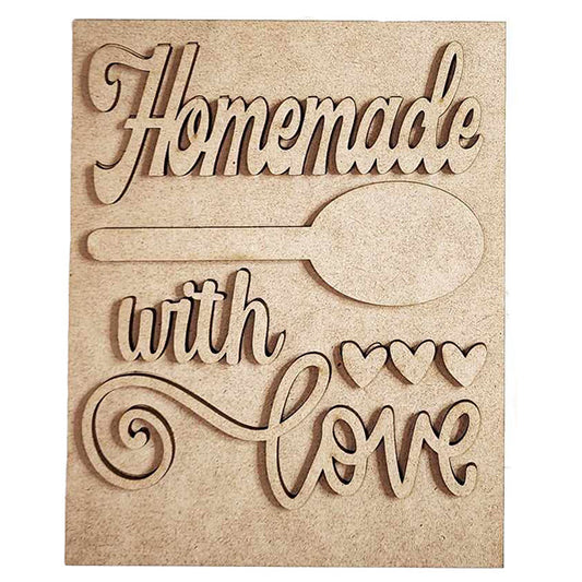 Janet's Craft Corner offers the "Homemade Kitchen Interchangeable Sign," a DIY home decor craft kit with a handmade, rustic charm. The wooden plaque features cut-out text that reads "Homemade with Love" and includes a design with a spoon and three hearts, ideal for DIY home decor enthusiasts.